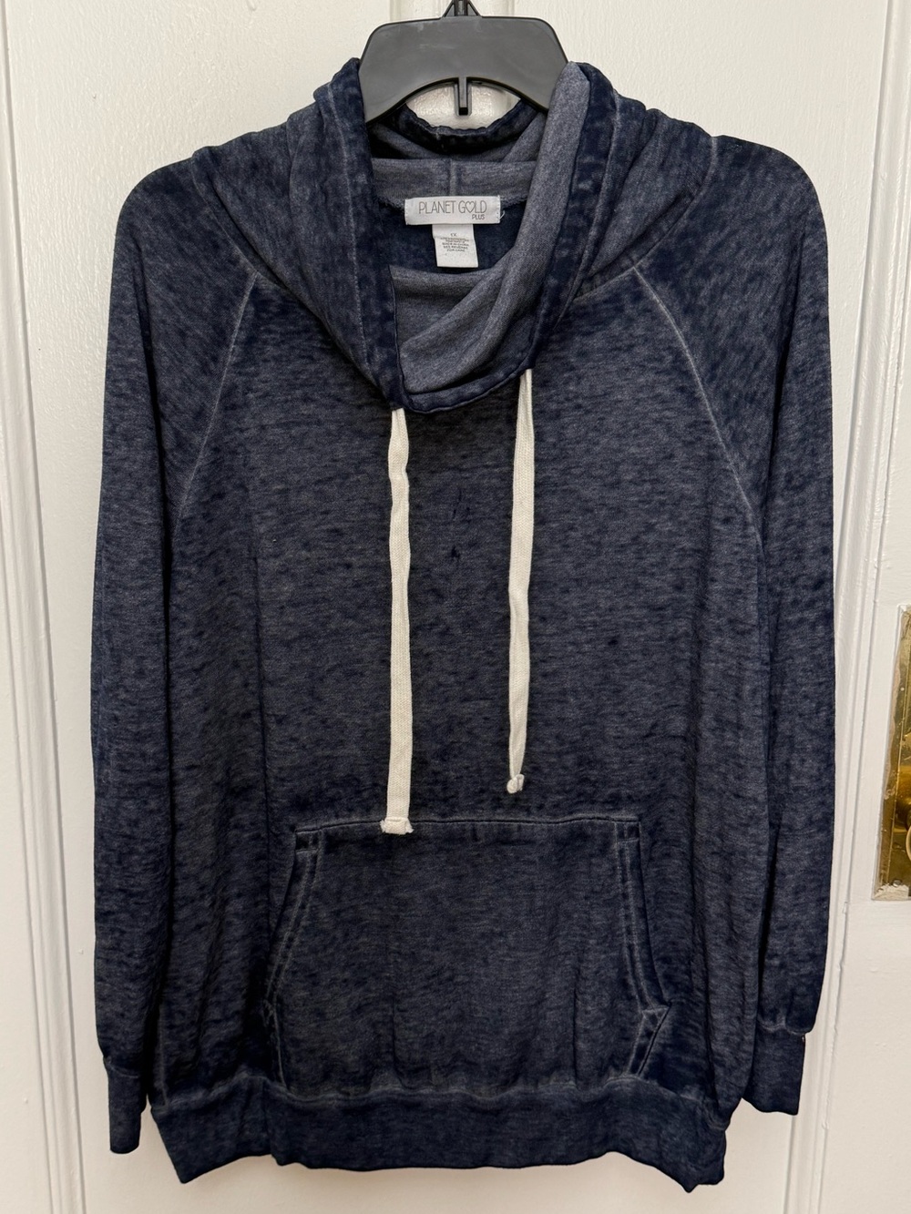 Planet Gold Navy Cowl Neck Pullover Sweatshirt with Cream Drawstrings Size 1X